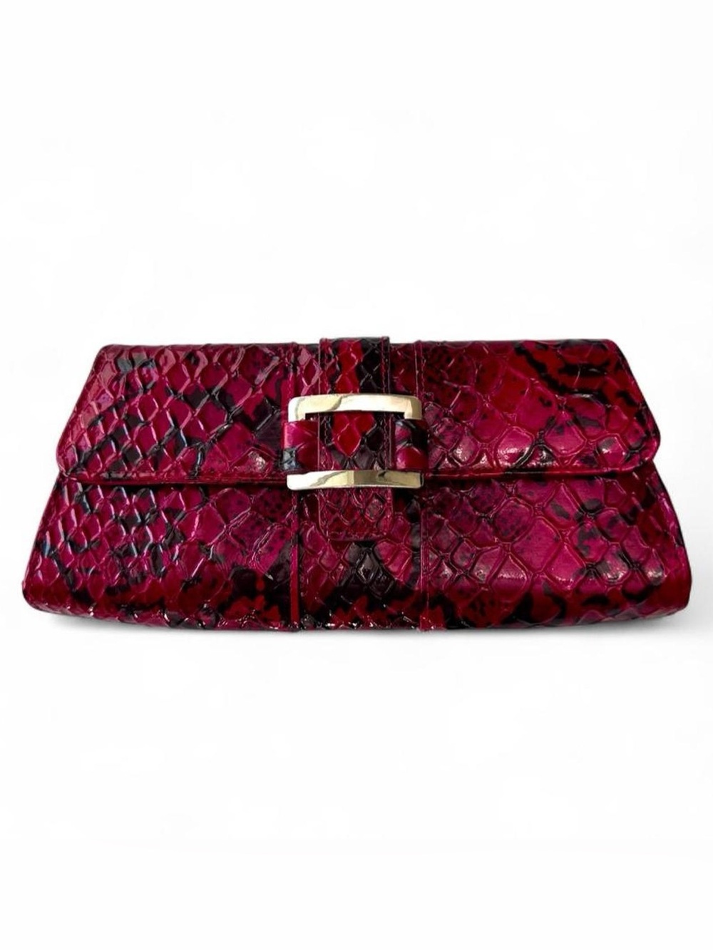 Fuchsia Snake-Embossed Clutch with Gold Buckle
